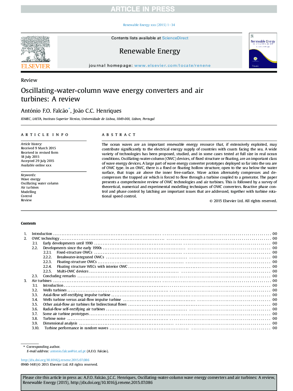 Oscillating-water-column wave energy converters and air turbines: A review