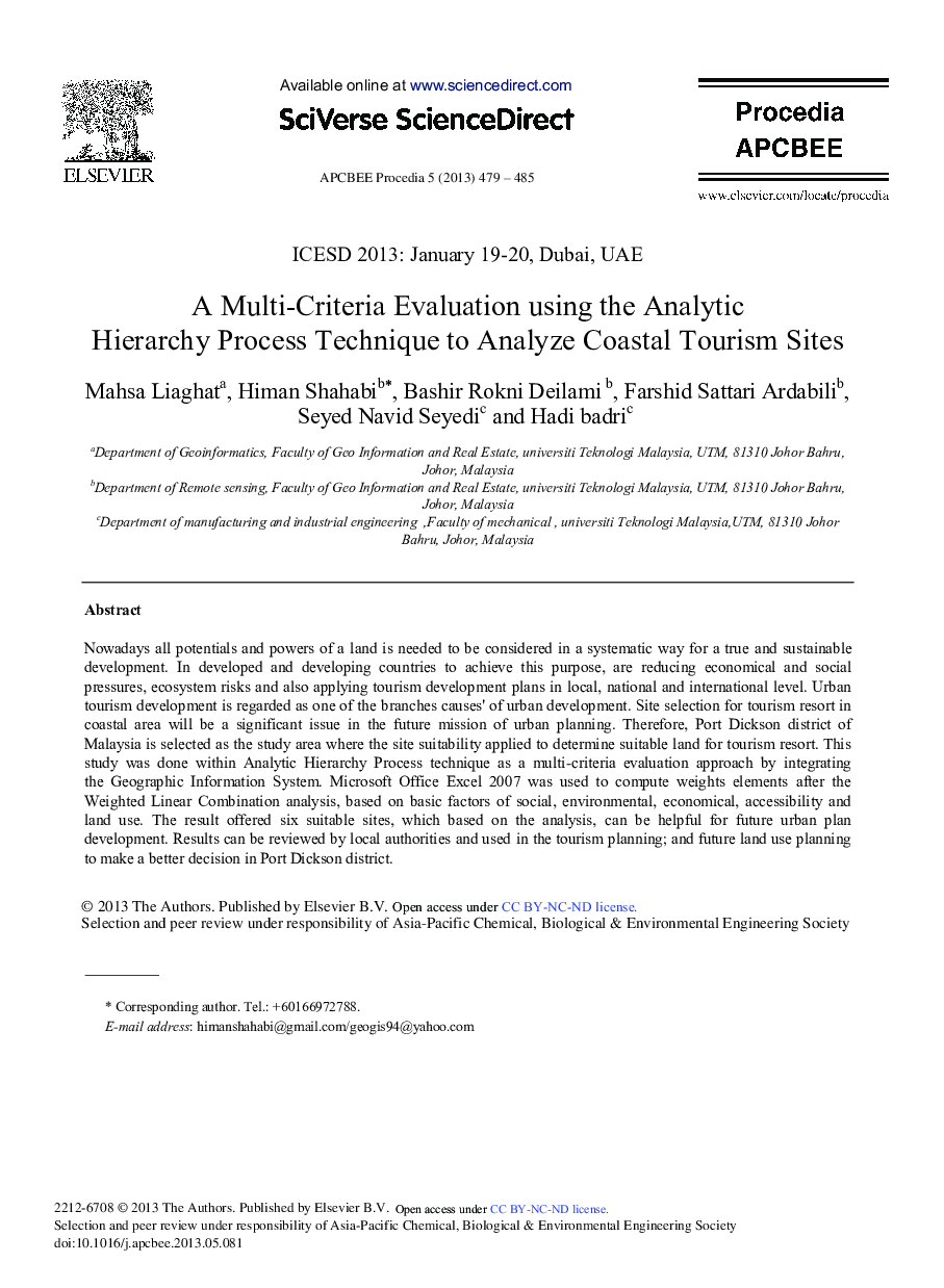 A Multi-Criteria Evaluation Using the Analytic Hierarchy Process Technique to Analyze Coastal Tourism Sites 
