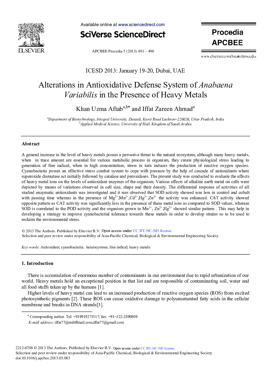 Alterations in Antioxidative Defense System of Anabaena Variabilis in the Presence of Heavy Metals 