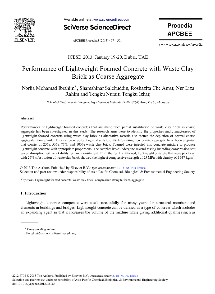 Performance of Lightweight Foamed Concrete with Waste Clay Brick as Coarse Aggregate 