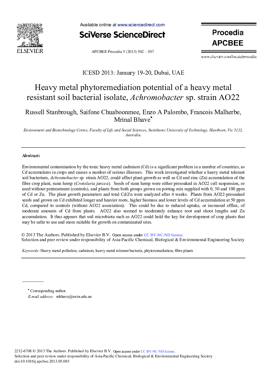 Heavy Metal Phytoremediation Potential of a Heavy Metal Resistant Soil Bacterial Isolate, Achromobacter sp. Strain AO22 