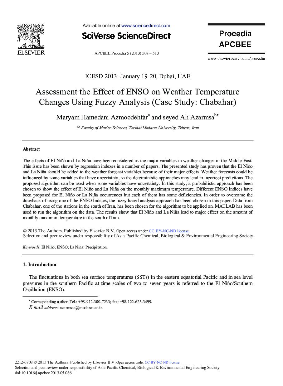 Assessment the Effect of ENSO on Weather Temperature Changes Using Fuzzy Analysis (Case Study: Chabahar) 