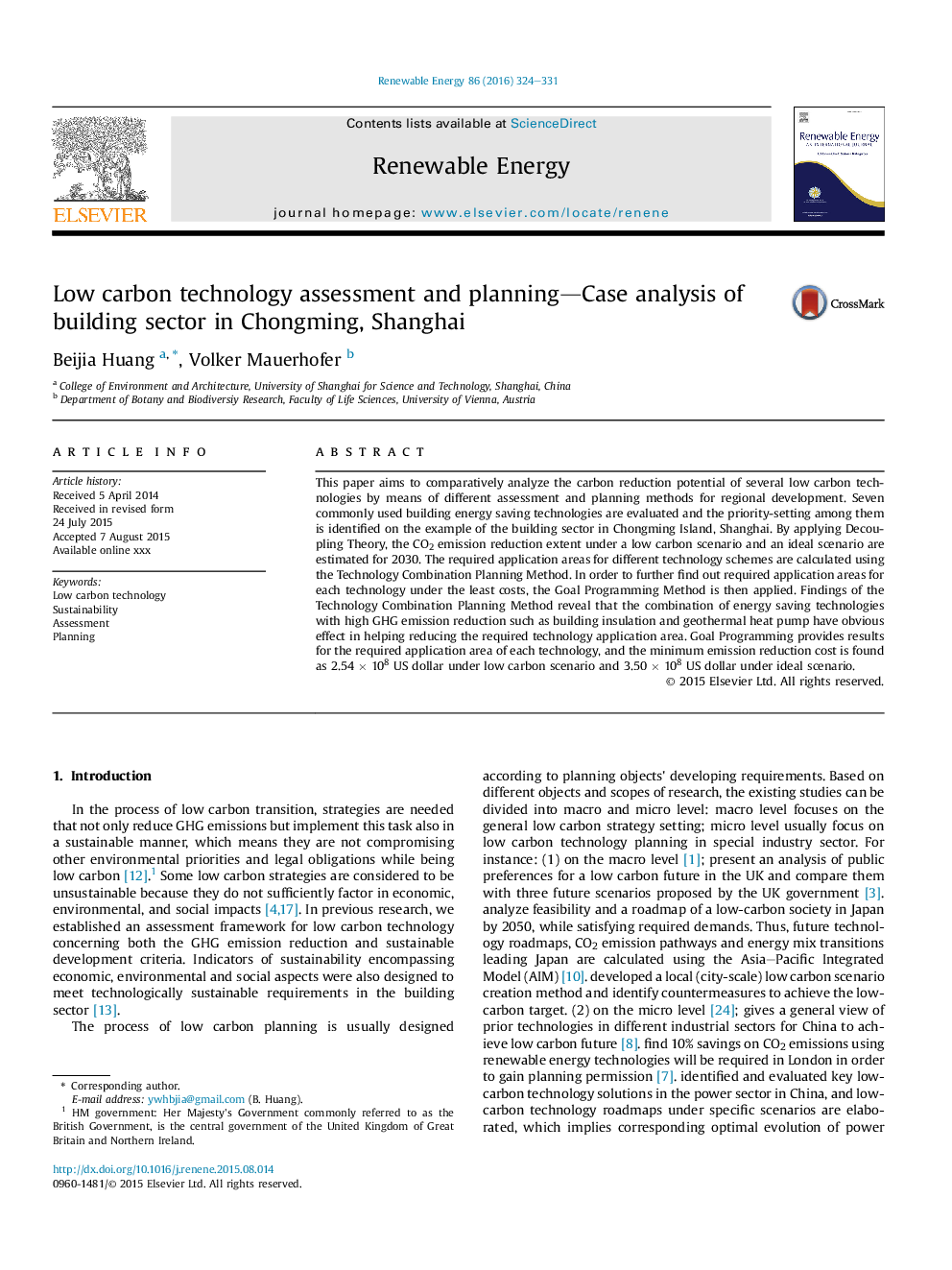 Low carbon technology assessment and planning-Case analysis of building sector in Chongming, Shanghai