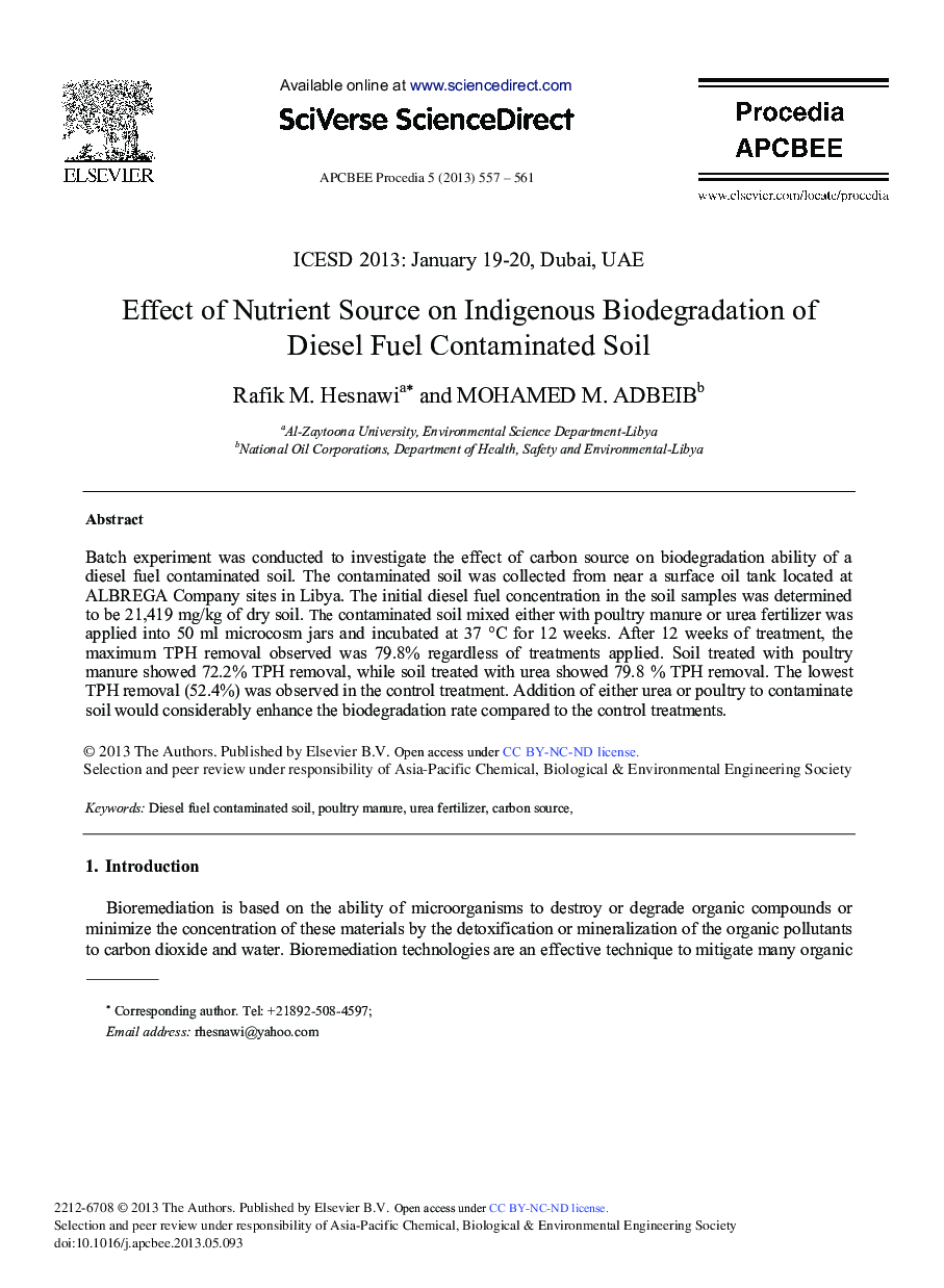 Effect of Nutrient Source on Indigenous Biodegradation of Diesel Fuel Contaminated Soil 