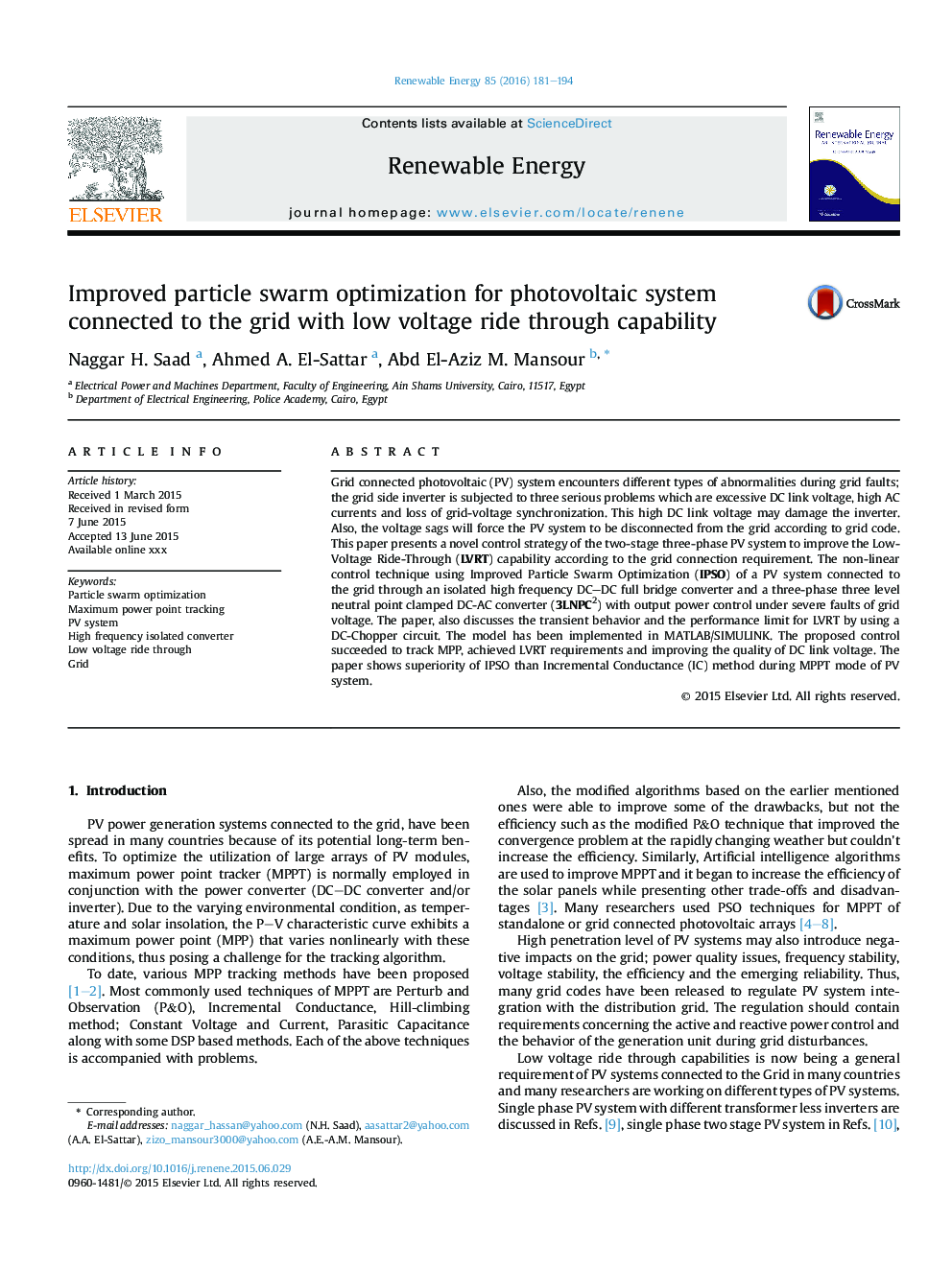 Improved particle swarm optimization for photovoltaic system connected to the grid with low voltage ride through capability