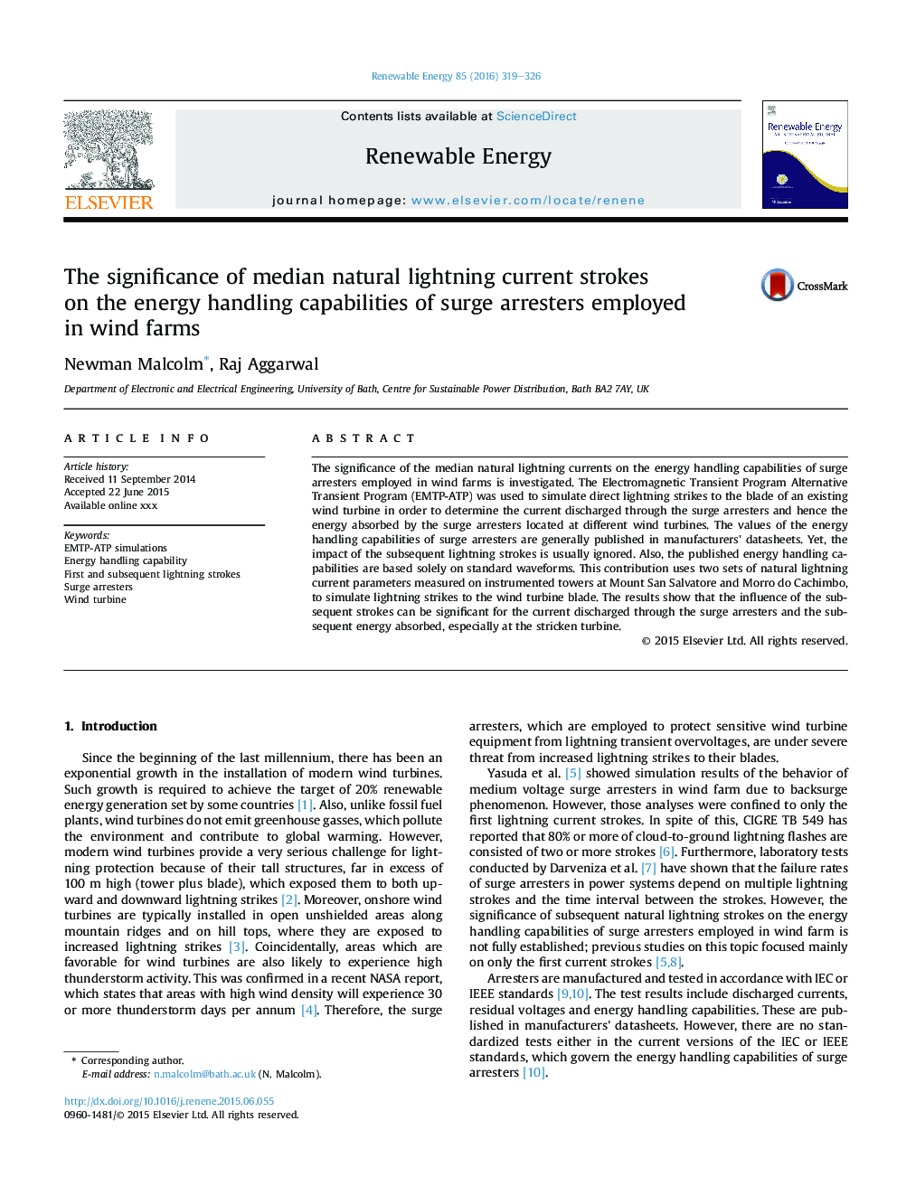 The significance of median natural lightning current strokes onÂ theÂ energy handling capabilities of surge arresters employed inÂ windÂ farms