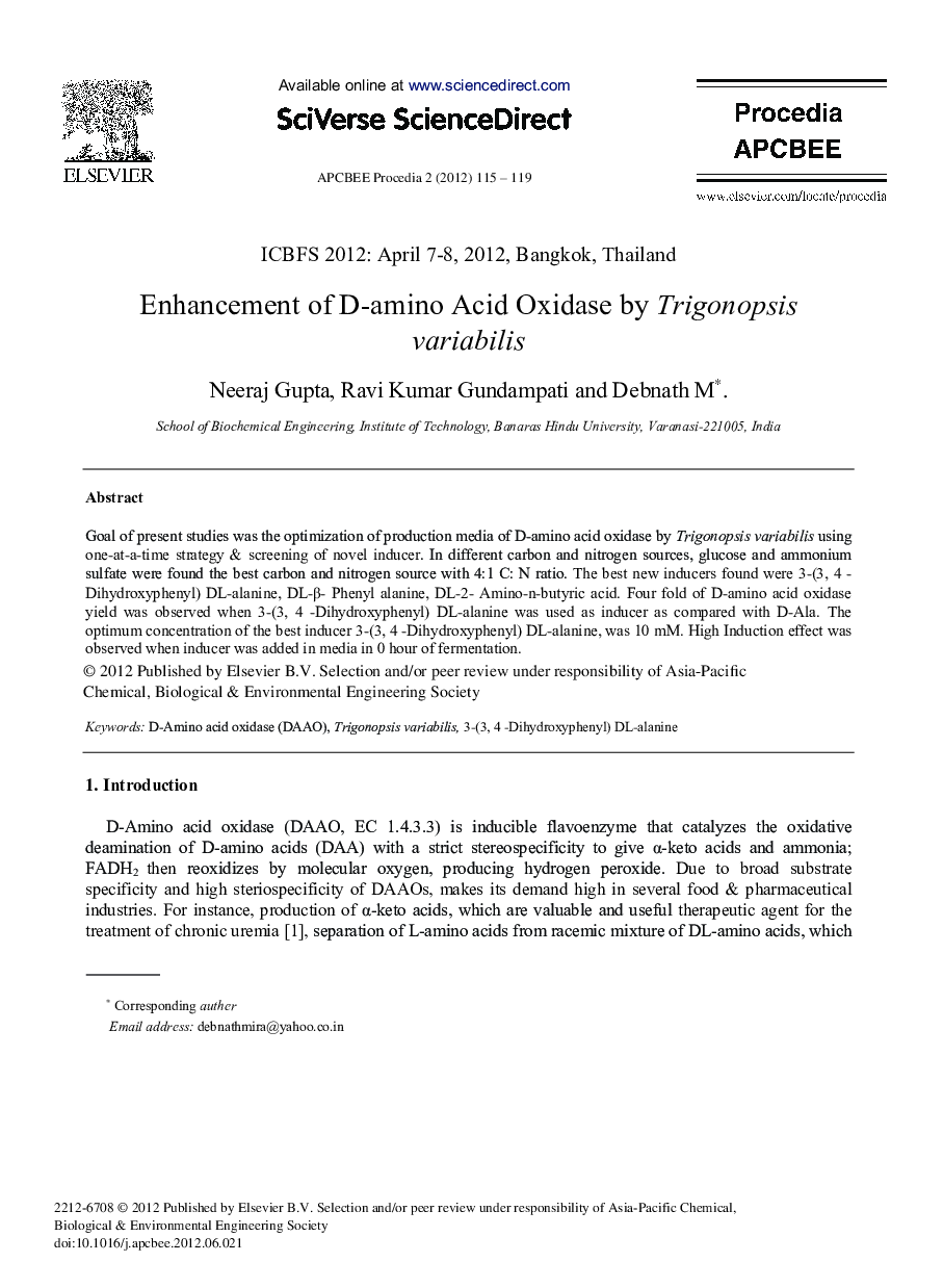 Enhancement of D-amino Acid Oxidase By Trigonopsis Variabilis