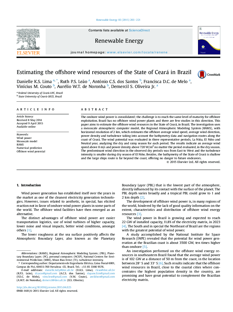 Estimating the offshore wind resources of the State of Ceará in Brazil