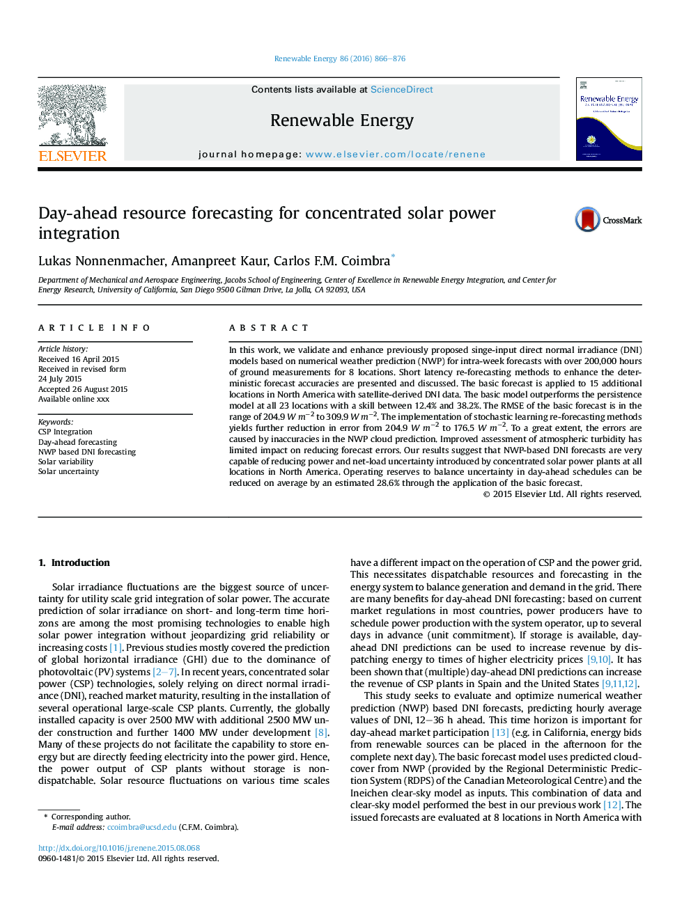 Day-ahead resource forecasting for concentrated solar power integration