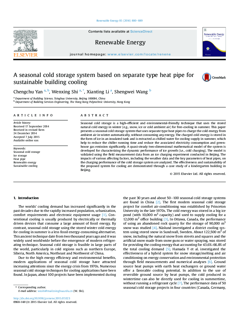 A seasonal cold storage system based on separate type heat pipe for sustainable building cooling