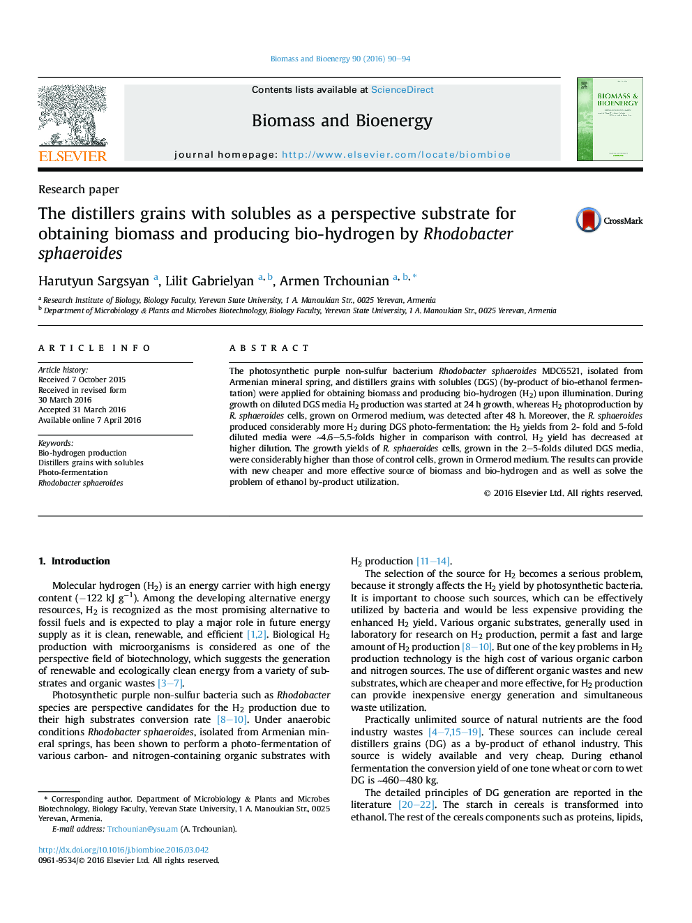 The distillers grains with solubles as a perspective substrate for obtaining biomass and producing bio-hydrogen by Rhodobacter sphaeroides