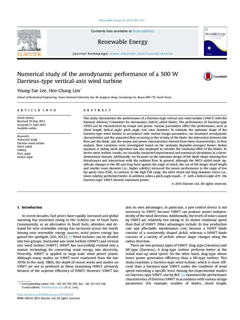 Numerical study of the aerodynamic performance of a 500Â W Darrieus-type vertical-axis wind turbine