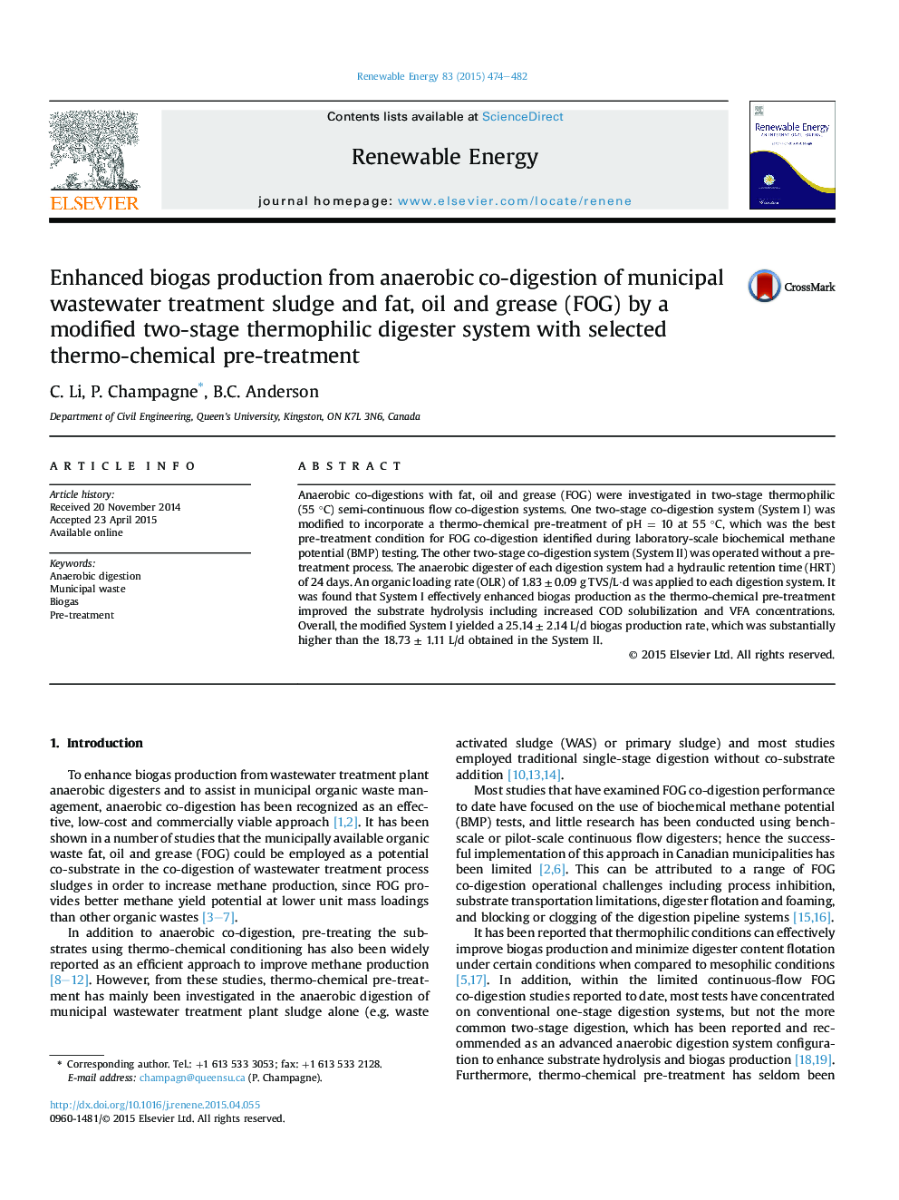 Enhanced biogas production from anaerobic co-digestion of municipal wastewater treatment sludge and fat, oil and grease (FOG) by a modified two-stage thermophilic digester system with selected thermo-chemical pre-treatment