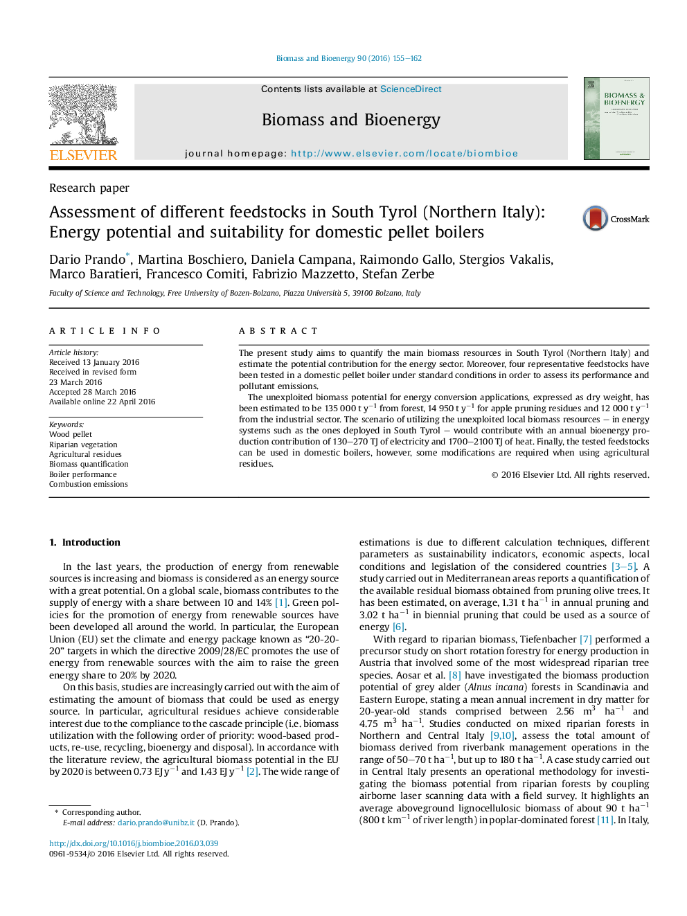 Assessment of different feedstocks in South Tyrol (Northern Italy): Energy potential and suitability for domestic pellet boilers