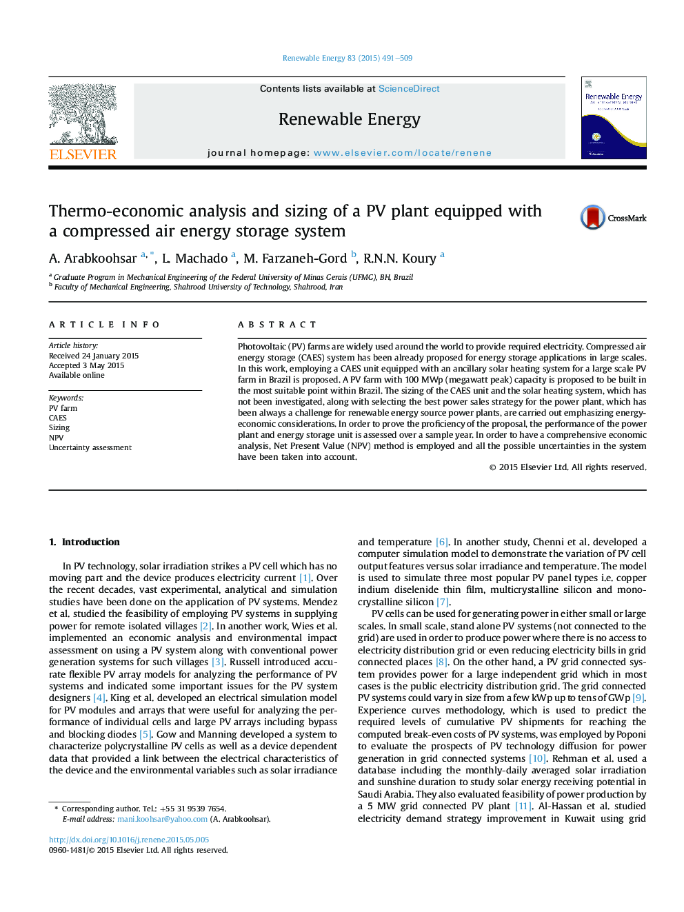 Thermo-economic analysis and sizing of a PV plant equipped with aÂ compressed air energy storage system