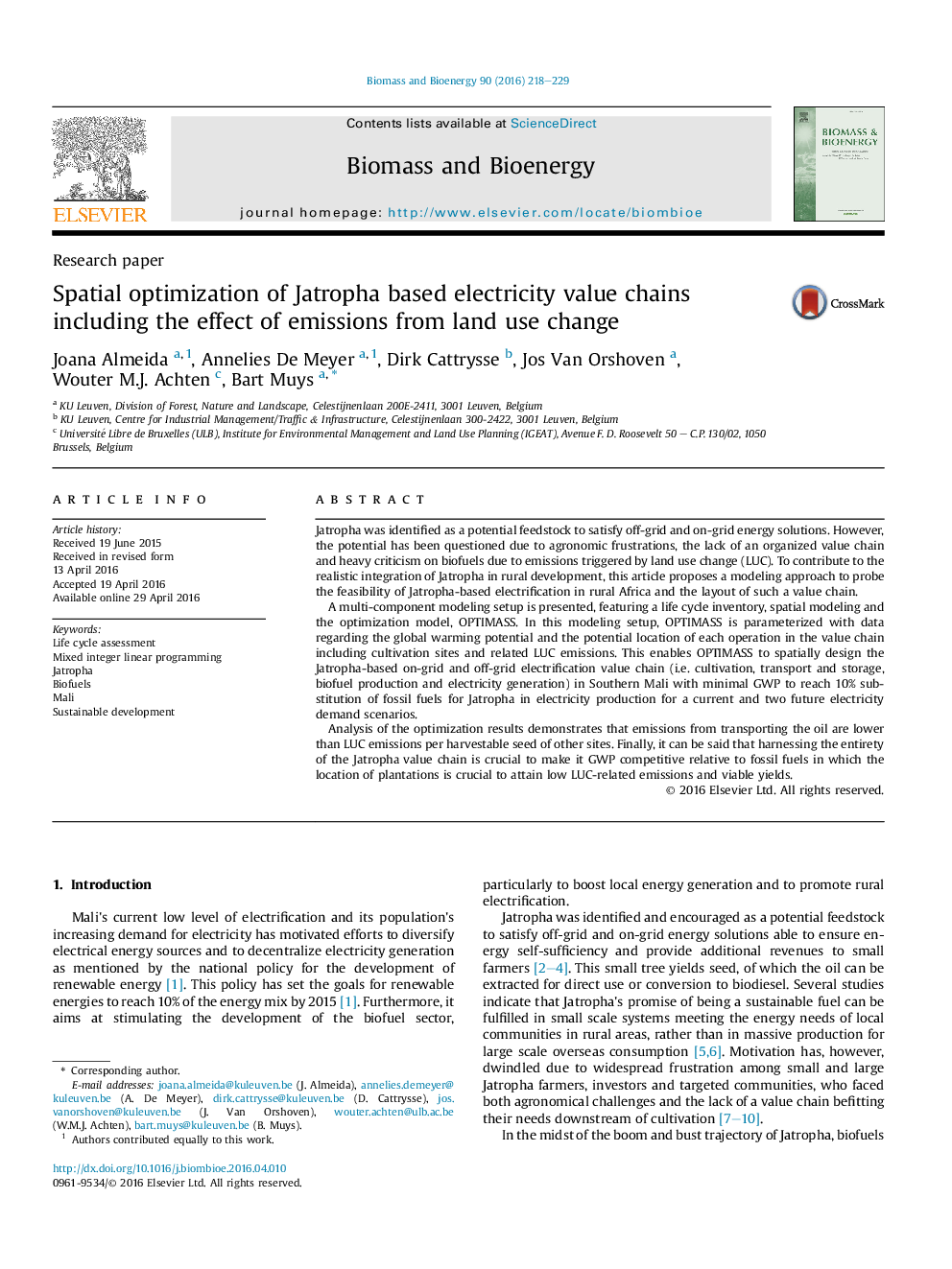 Spatial optimization of Jatropha based electricity value chains including the effect of emissions from land use change