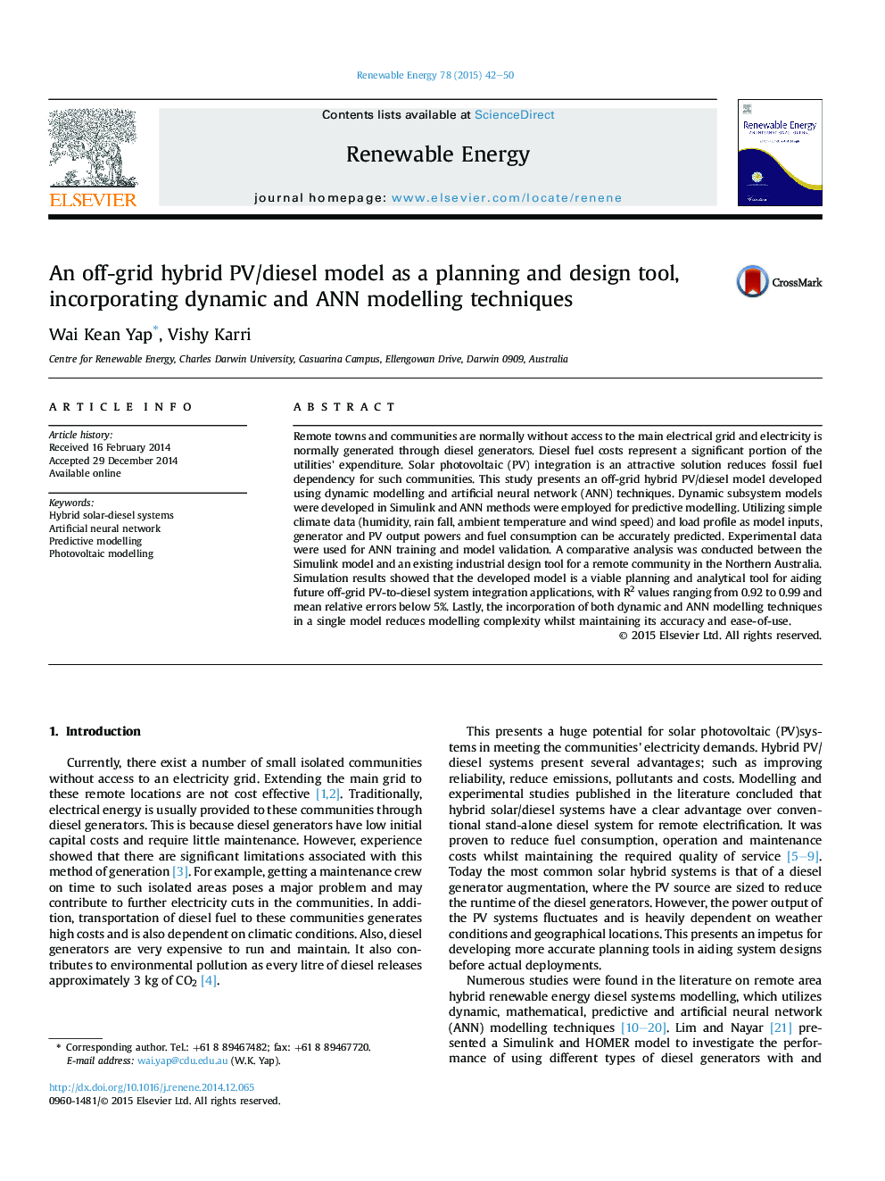 An off-grid hybrid PV/diesel model as a planning and design tool, incorporating dynamic and ANN modelling techniques