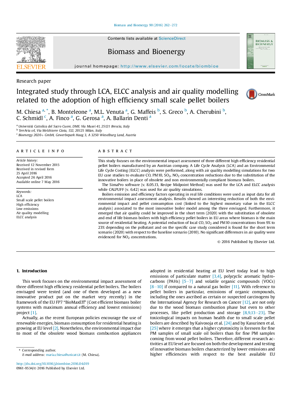 Integrated study through LCA, ELCC analysis and air quality modelling related to the adoption of high efficiency small scale pellet boilers