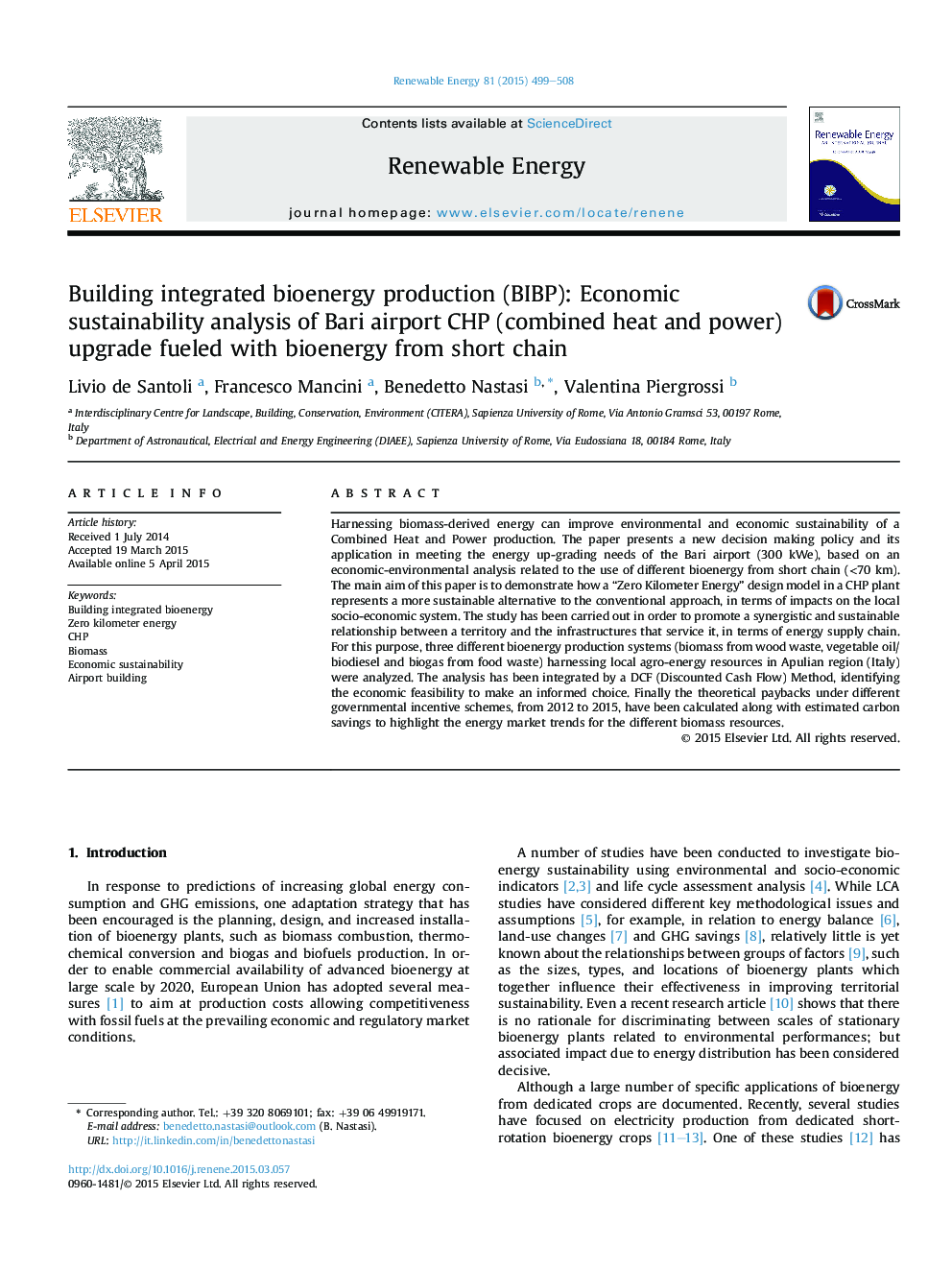 Building integrated bioenergy production (BIBP): Economic sustainability analysis of Bari airport CHP (combined heat and power) upgrade fueled with bioenergy from short chain