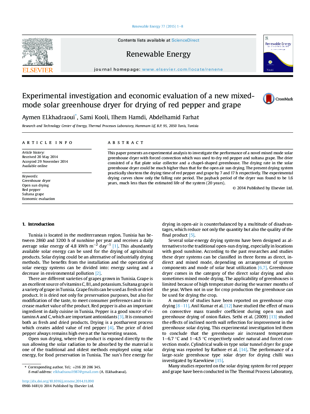 Experimental investigation and economic evaluation of a new mixed-mode solar greenhouse dryer for drying of red pepper and grape