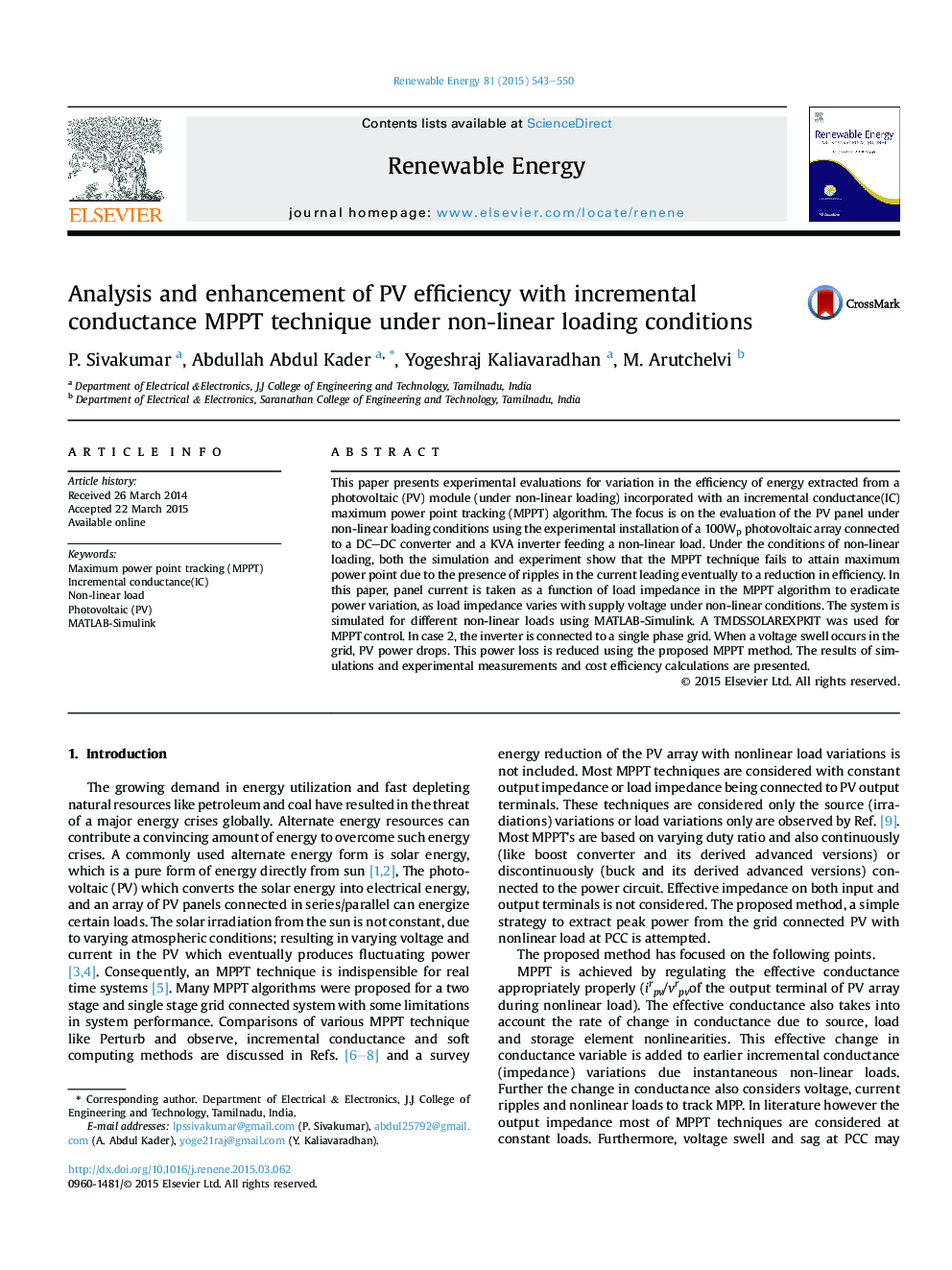 Analysis and enhancement of PV efficiency with incremental conductance MPPT technique under non-linear loading conditions