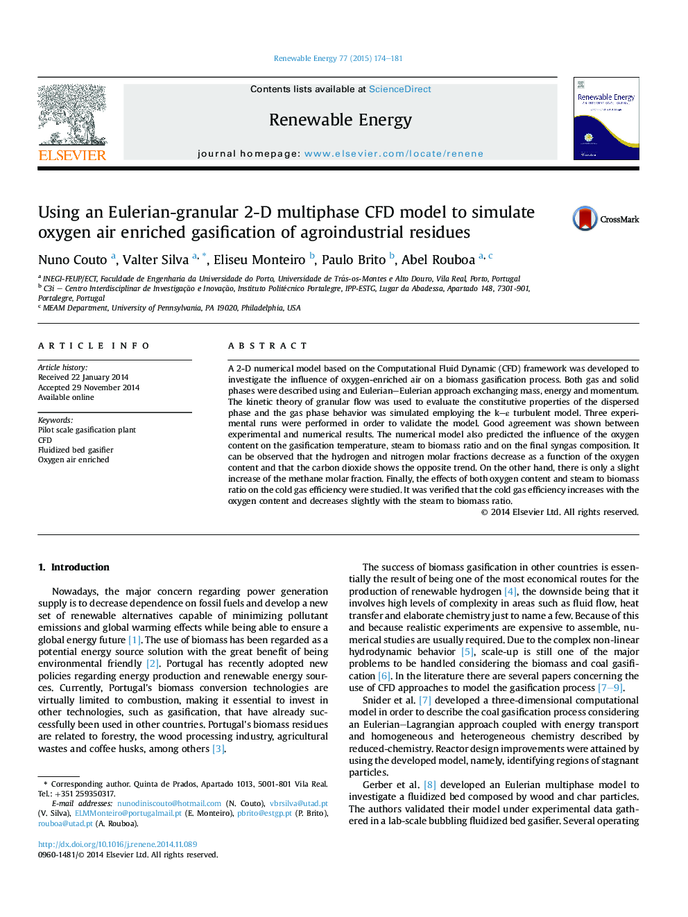 Using an Eulerian-granular 2-D multiphase CFD model to simulate oxygen air enriched gasification of agroindustrial residues