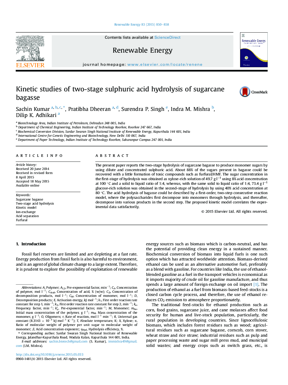 Kinetic studies of two-stage sulphuric acid hydrolysis of sugarcane bagasse