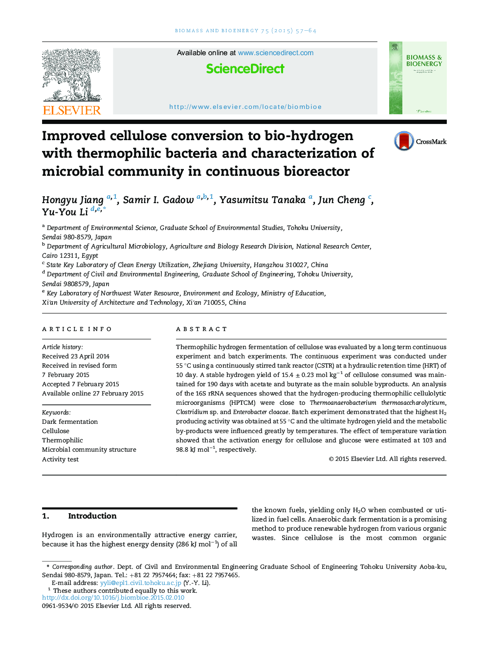 Improved cellulose conversion to bio-hydrogen with thermophilic bacteria and characterization of microbial community in continuous bioreactor