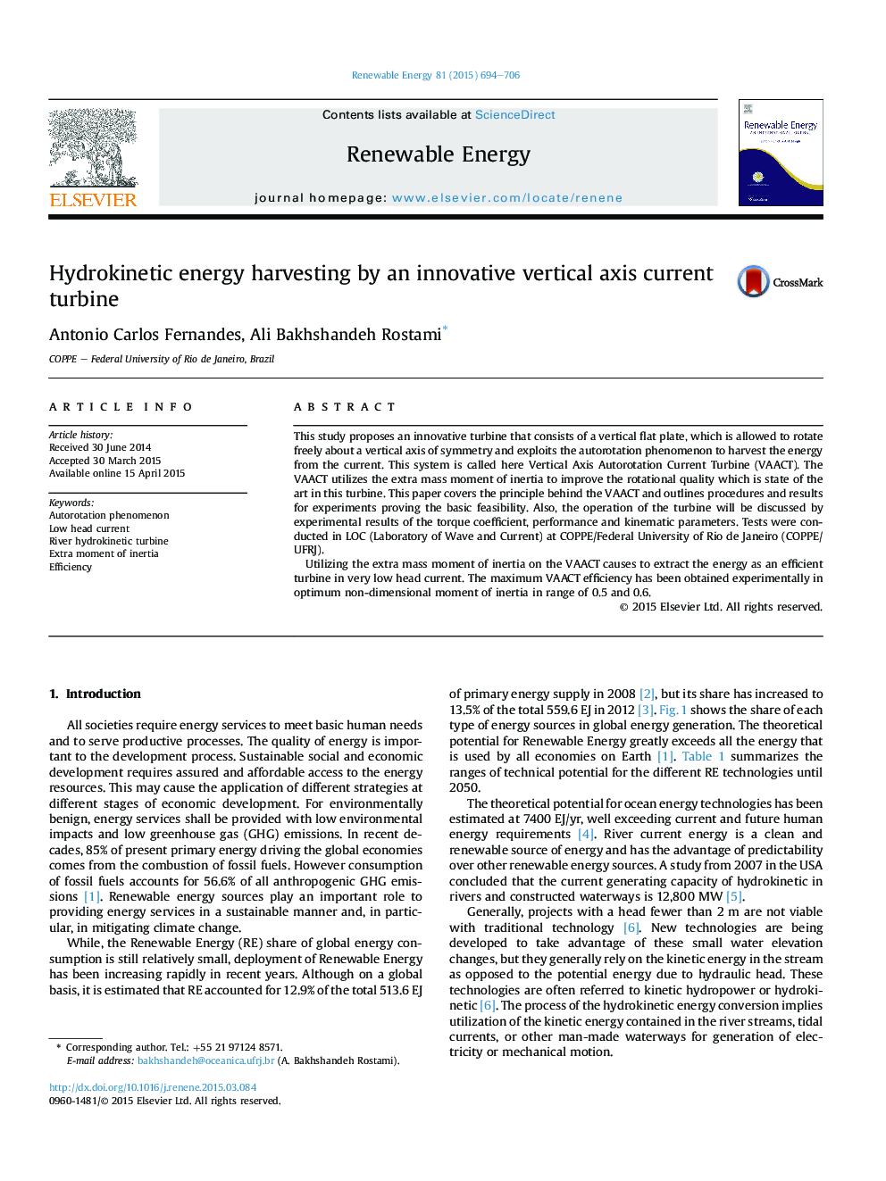 Hydrokinetic energy harvesting by an innovative vertical axis current turbine