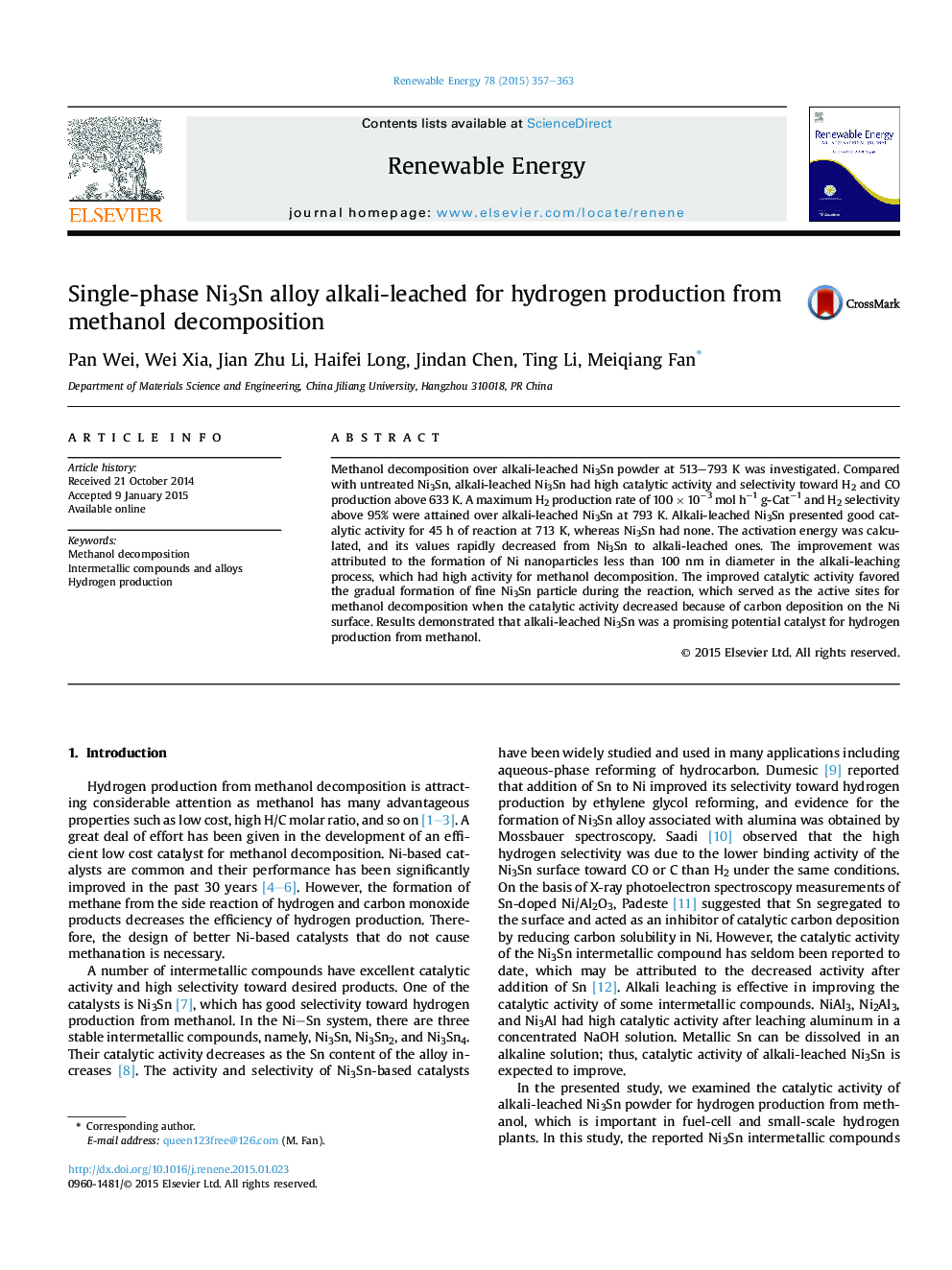 Single-phase Ni3Sn alloy alkali-leached for hydrogen production from methanol decomposition