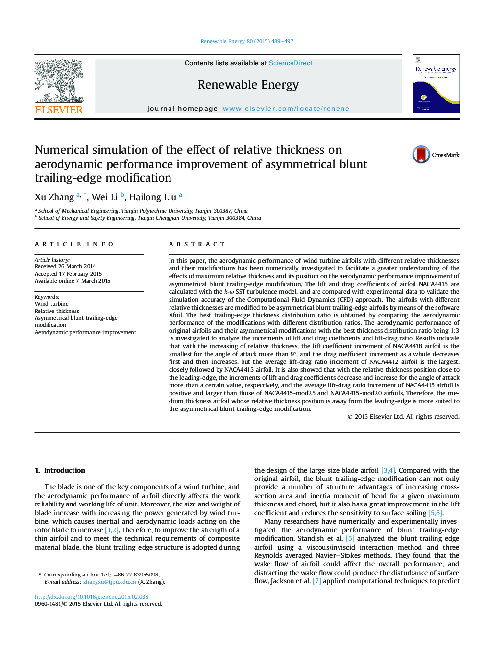 Numerical simulation of the effect of relative thickness on aerodynamic performance improvement of asymmetrical blunt trailing-edge modification