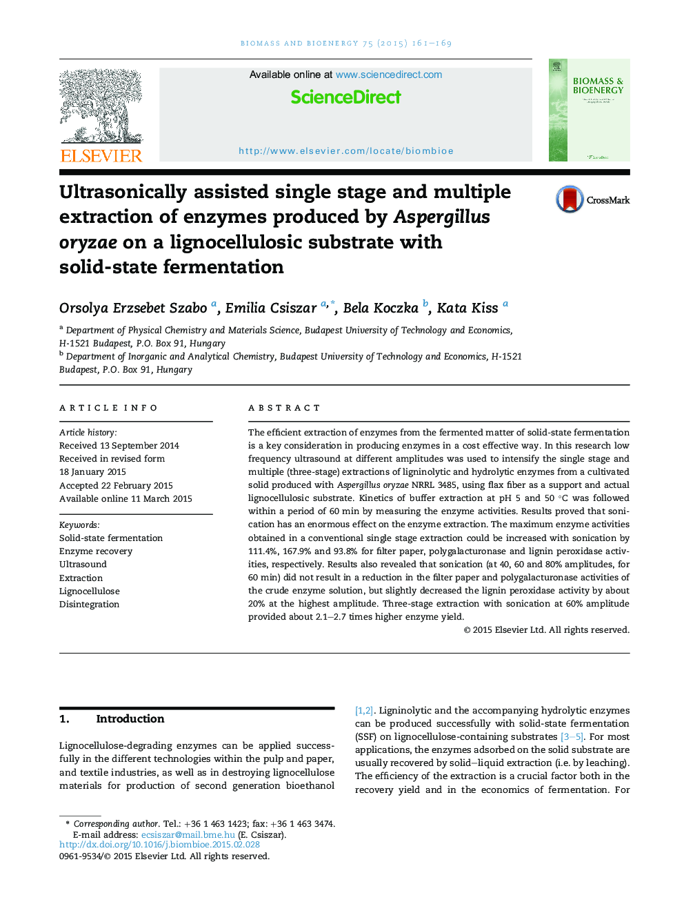 Ultrasonically assisted single stage and multiple extraction of enzymes produced by Aspergillus oryzae on a lignocellulosic substrate with solid-state fermentation