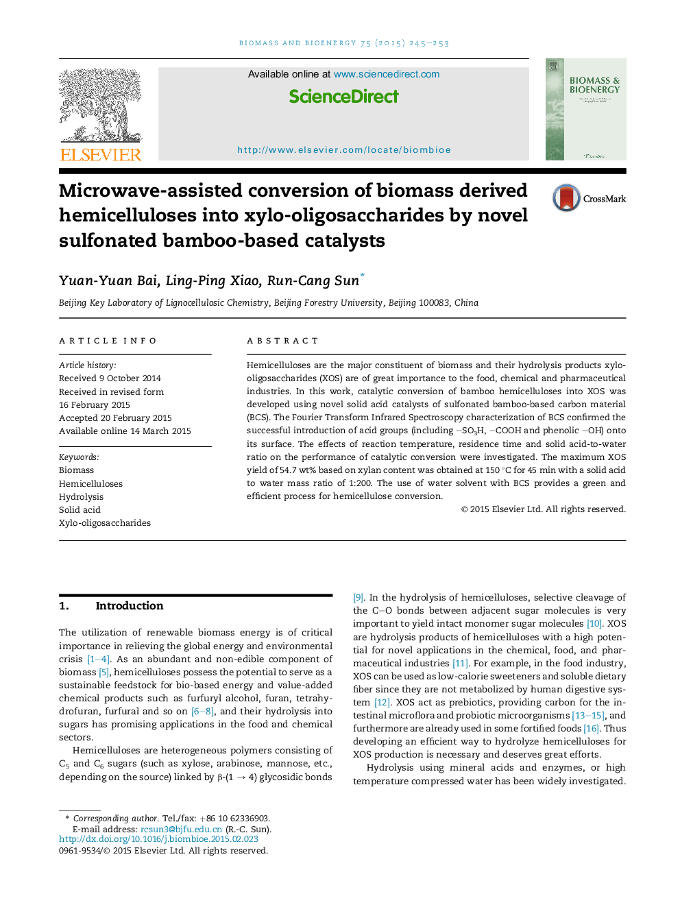 Microwave-assisted conversion of biomass derived hemicelluloses into xylo-oligosaccharides by novel sulfonated bamboo-based catalysts