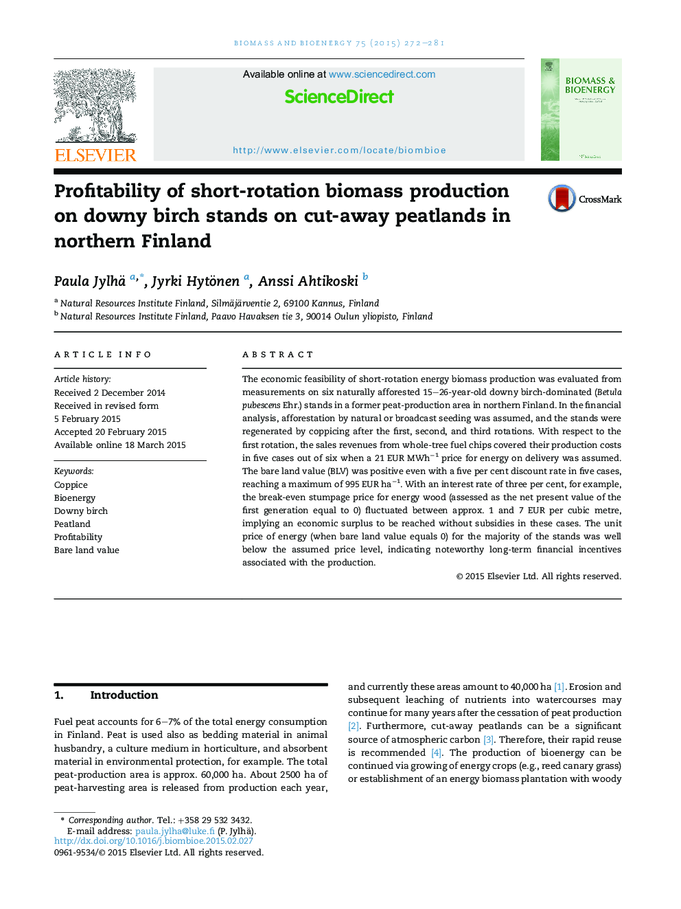 Profitability of short-rotation biomass production on downy birch stands on cut-away peatlands in northern Finland