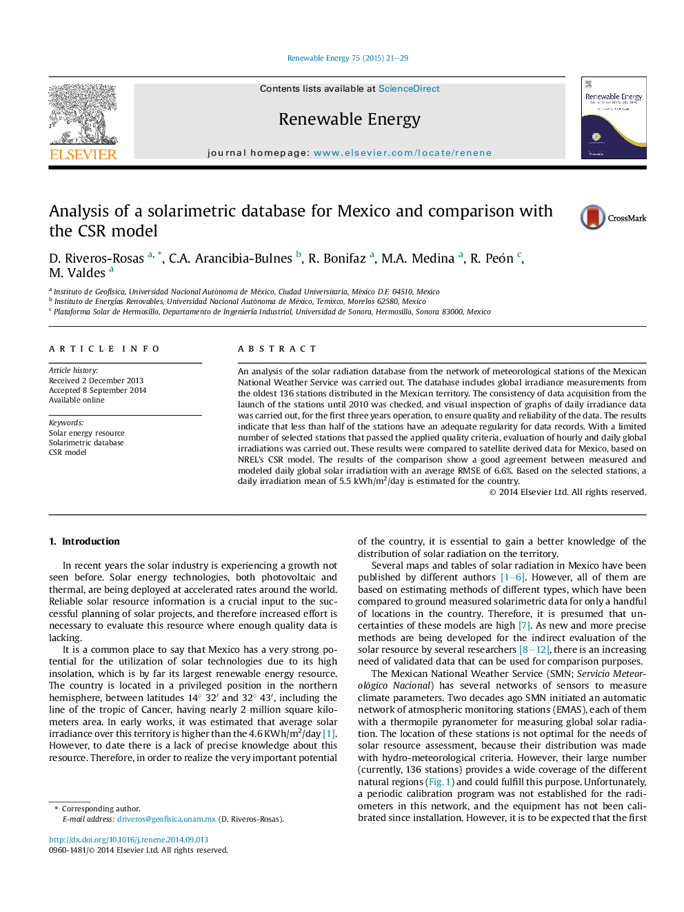 Analysis of a solarimetric database for Mexico and comparison with the CSR model