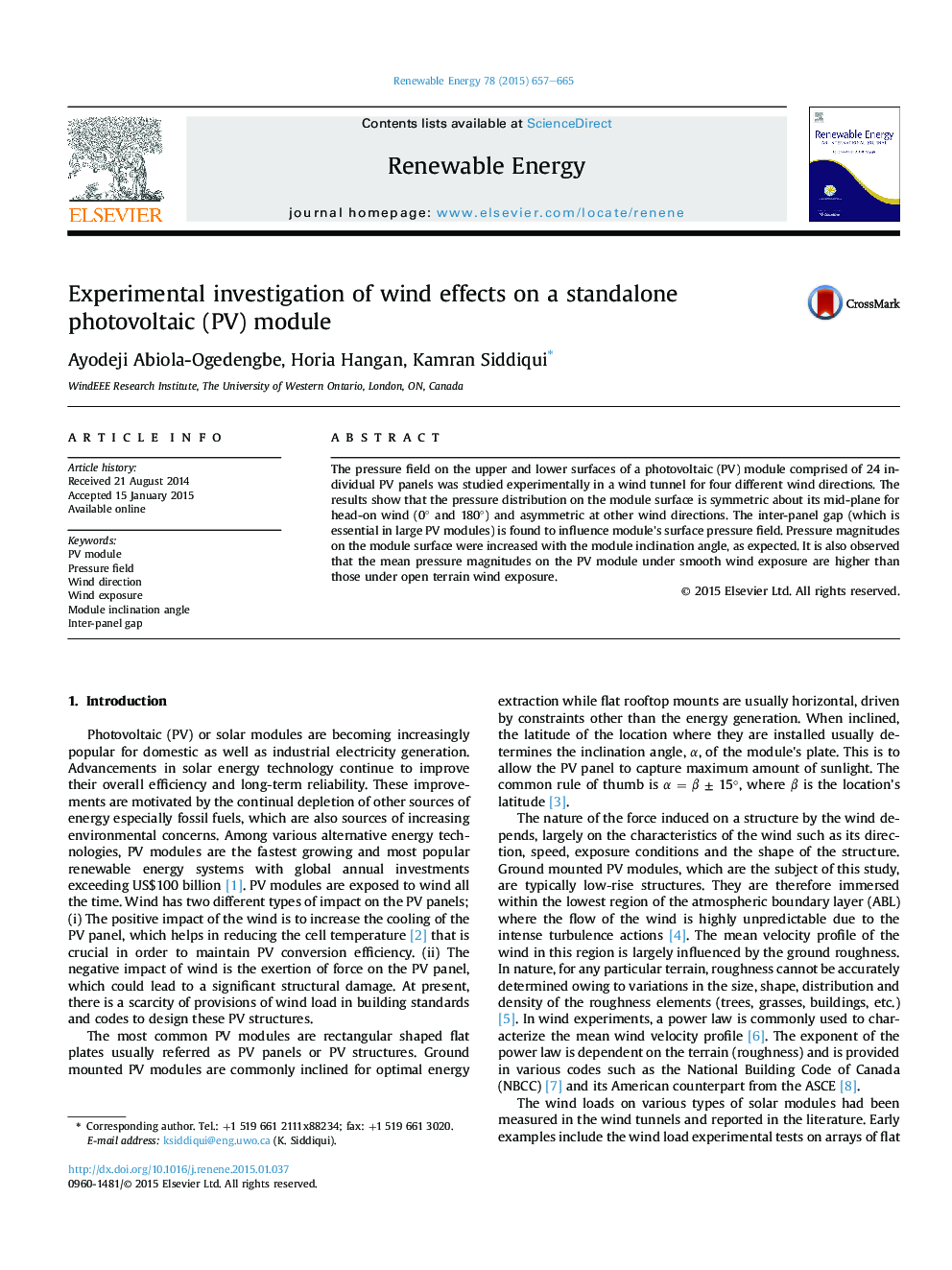 Experimental investigation of wind effects on a standalone photovoltaic (PV) module