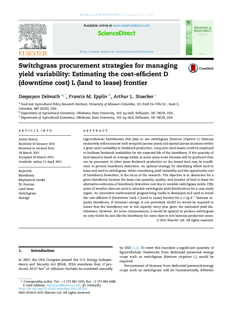 Switchgrass procurement strategies for managing yield variability: Estimating the cost-efficient D (downtime cost) L (land to lease) frontier