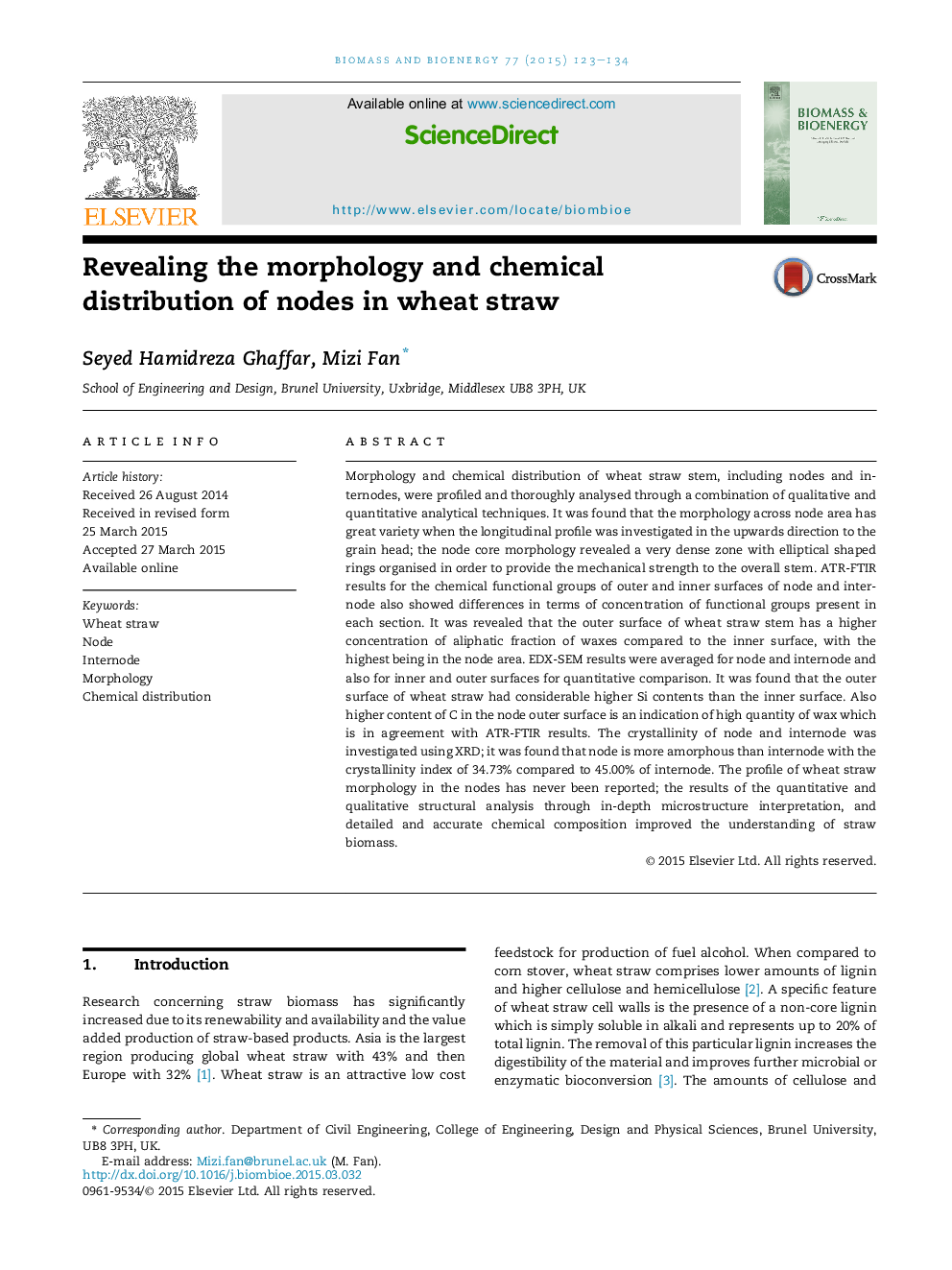 Revealing the morphology and chemical distribution of nodes in wheat straw