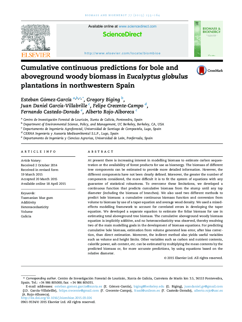 Cumulative continuous predictions for bole and aboveground woody biomass in Eucalyptus globulus plantations in northwestern Spain