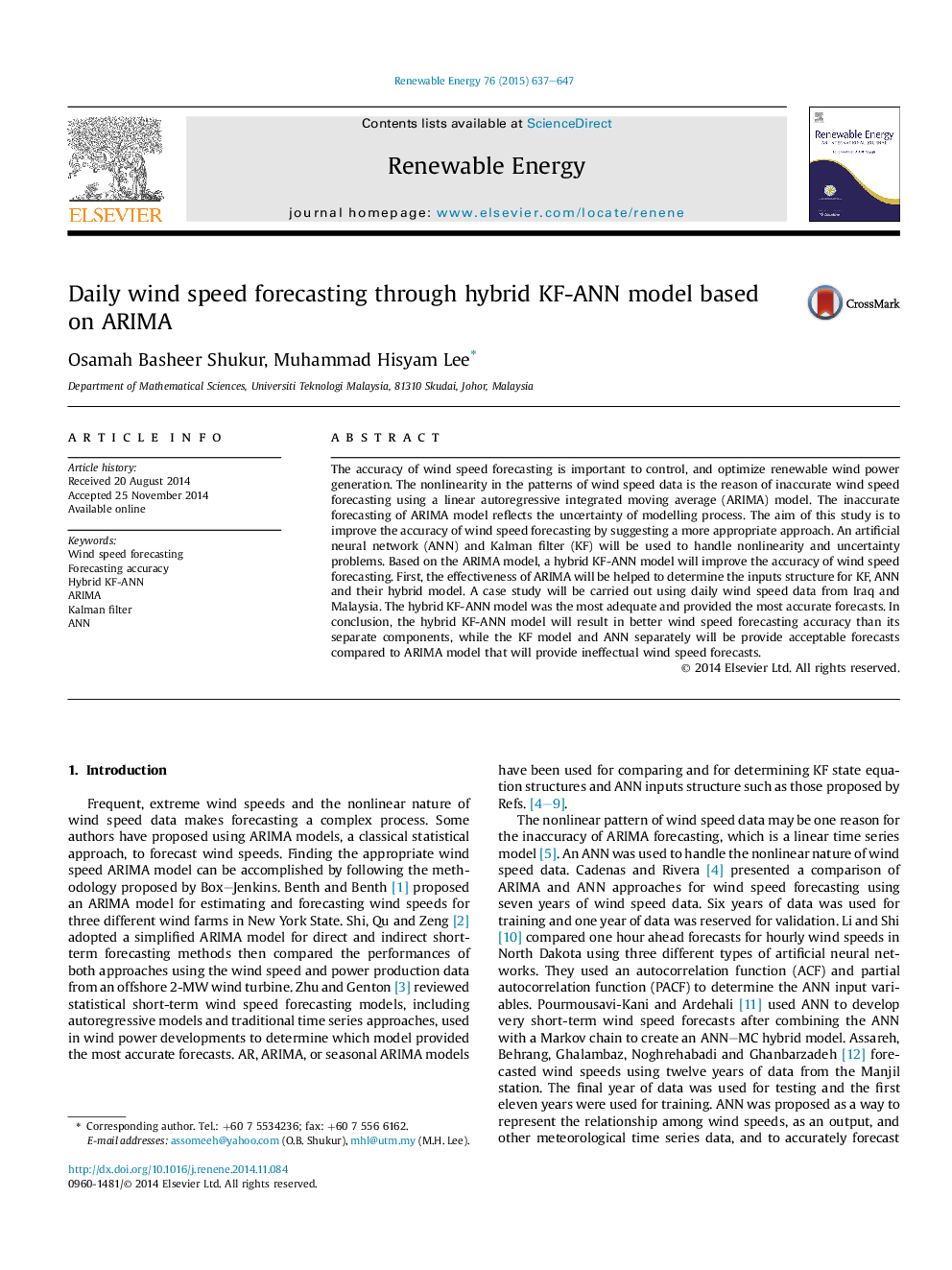 Daily wind speed forecasting through hybrid KF-ANN model based on ARIMA