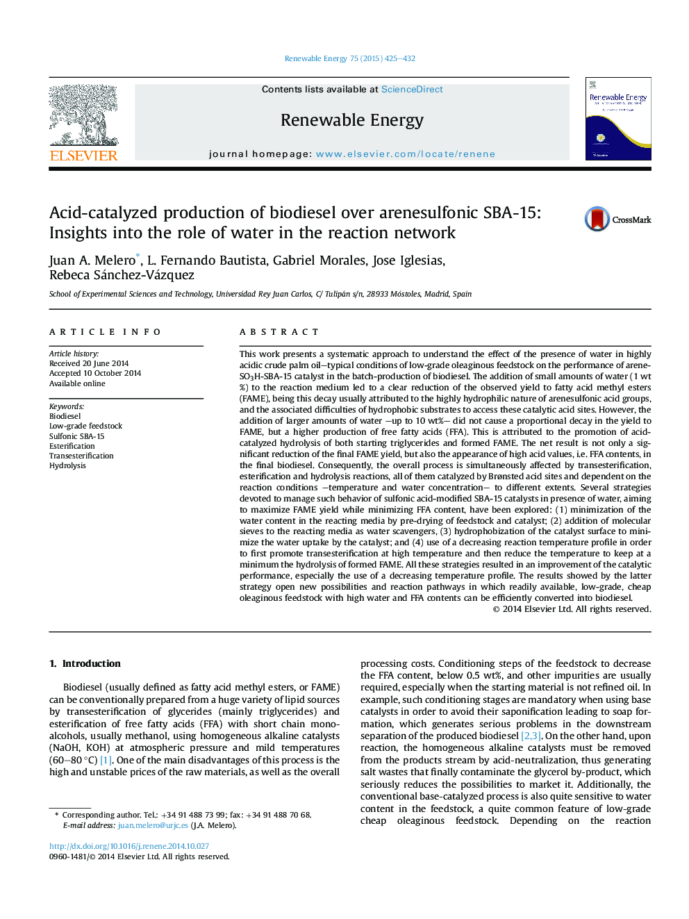 Acid-catalyzed production of biodiesel over arenesulfonic SBA-15: Insights into the role of water in the reaction network