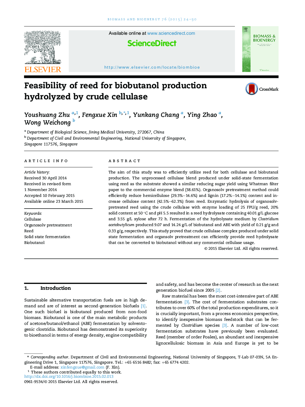 Feasibility of reed for biobutanol production hydrolyzed by crude cellulase