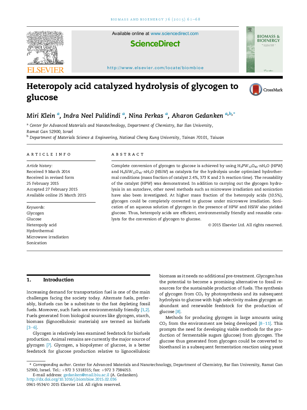 Heteropoly acid catalyzed hydrolysis of glycogen to glucose