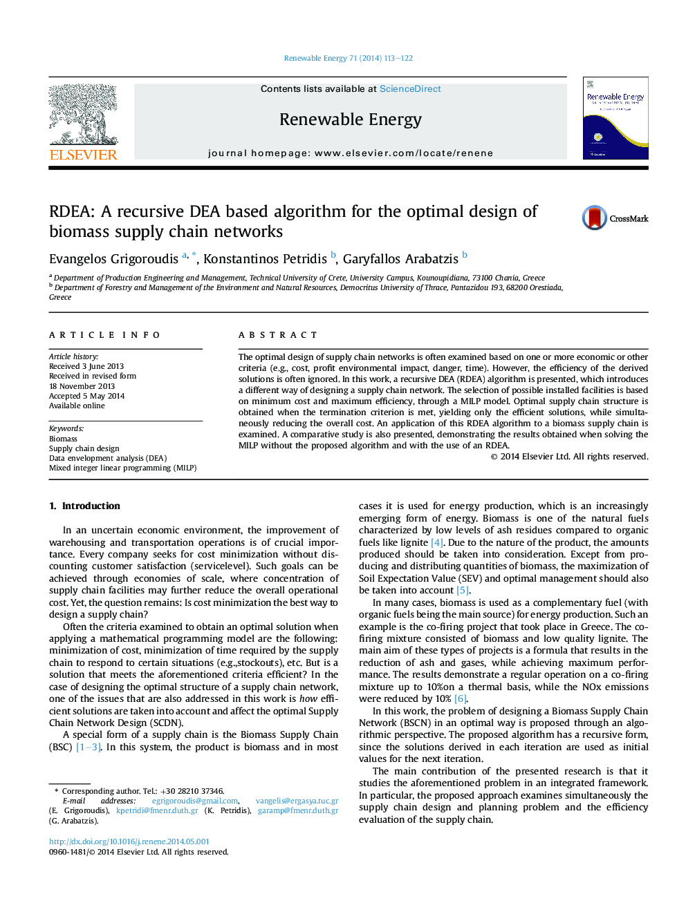 RDEA: A recursive DEA based algorithm for the optimal design of biomass supply chain networks