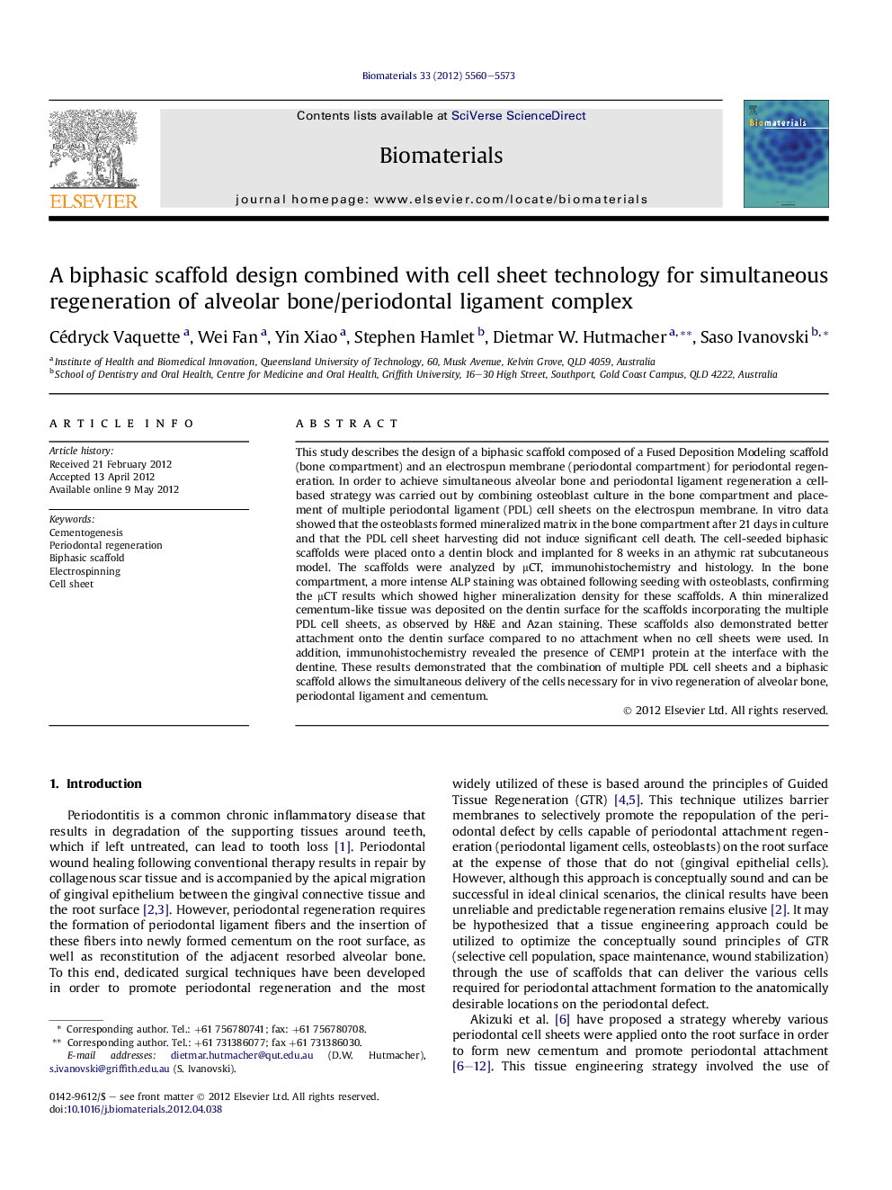 A biphasic scaffold design combined with cell sheet technology for simultaneous regeneration of alveolar bone/periodontal ligament complex