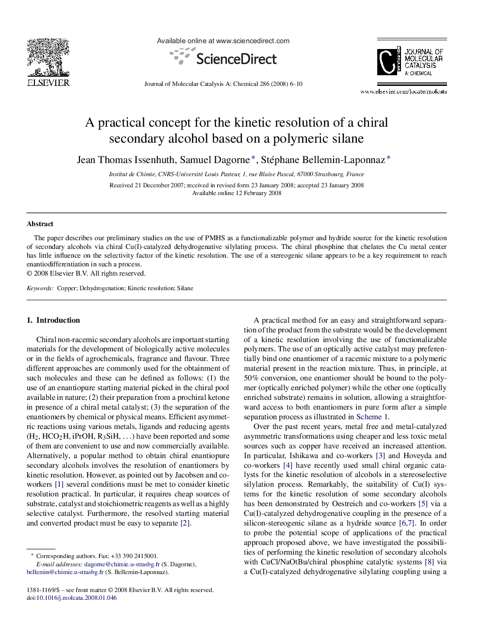 A practical concept for the kinetic resolution of a chiral secondary alcohol based on a polymeric silane