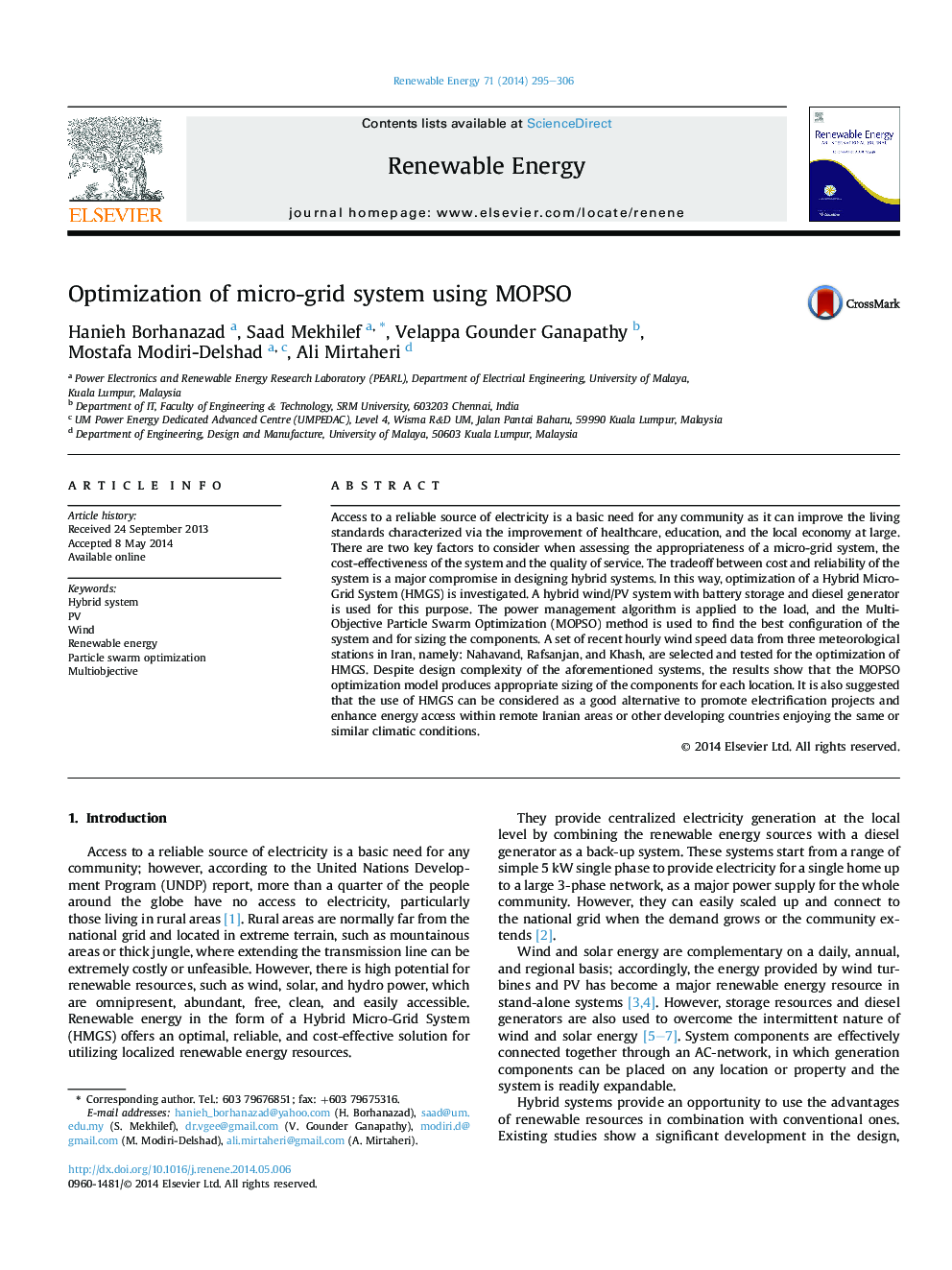 عکس صفحه اول مقاله: Optimization of micro-grid system using MOPSO Optimization of micro-grid system using MOPSO