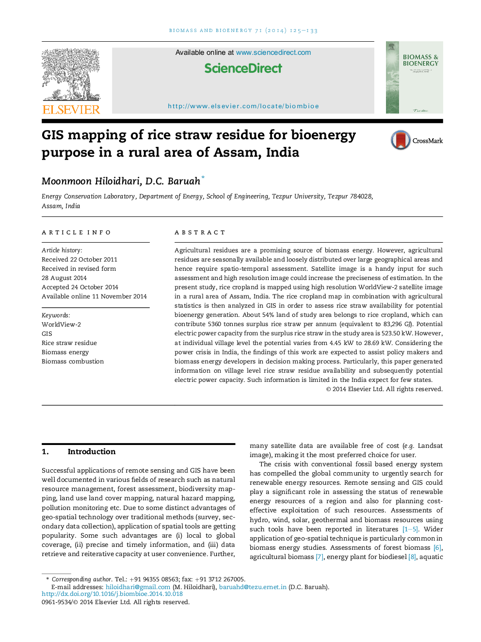 GIS mapping of rice straw residue for bioenergy purpose in a rural area of Assam, India