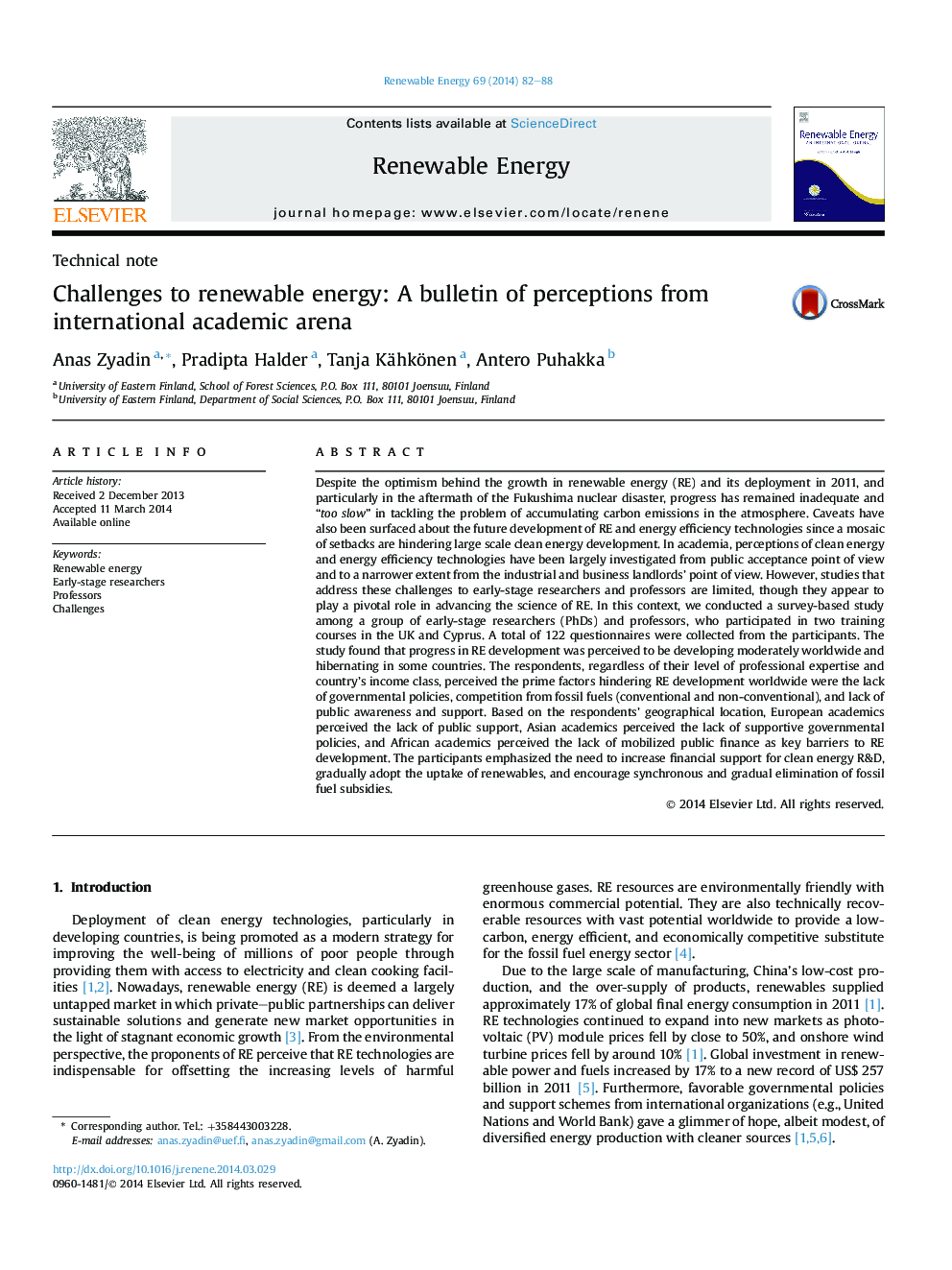 Challenges to renewable energy: A bulletin of perceptions from international academic arena