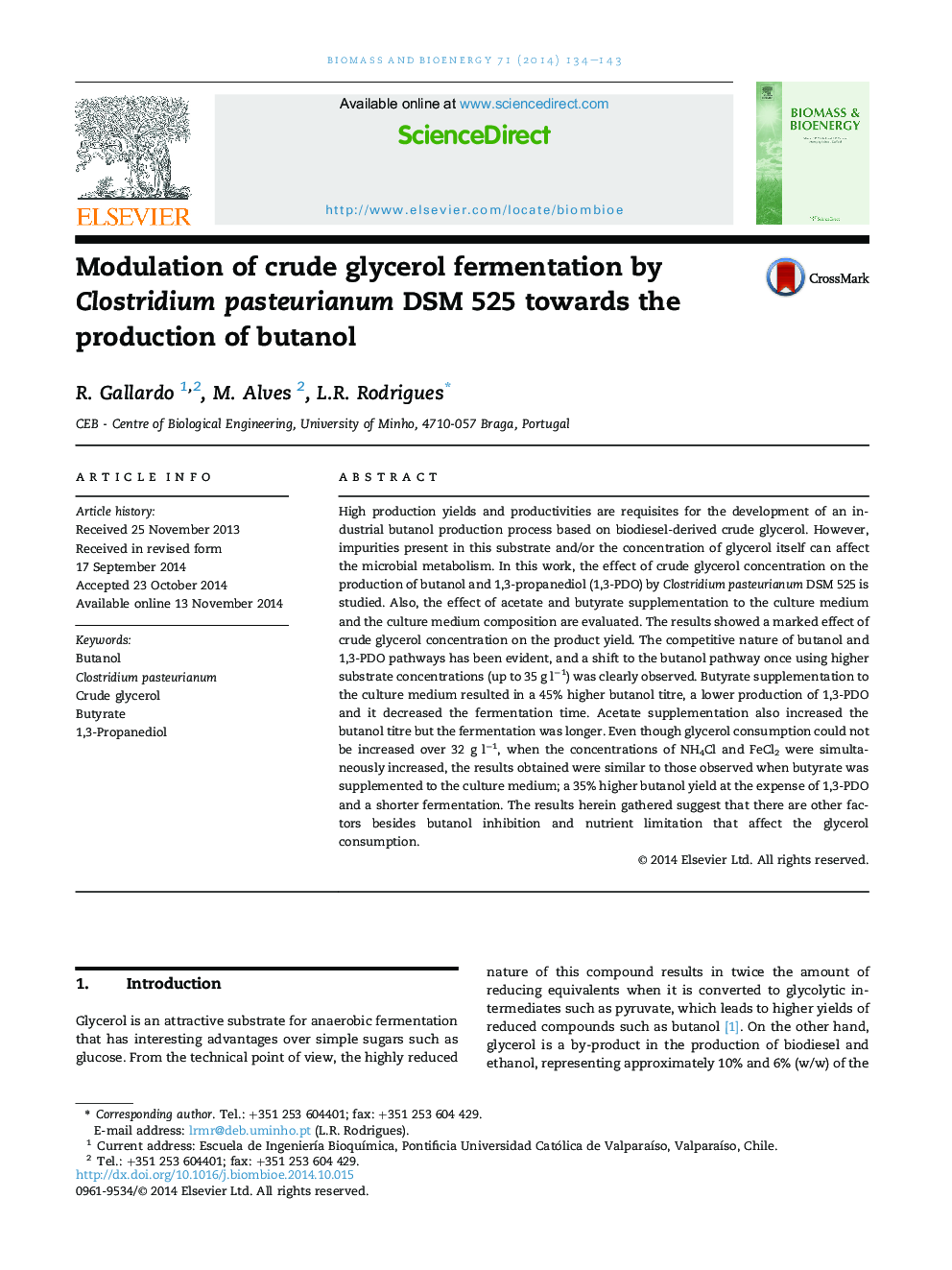 Modulation of crude glycerol fermentation by Clostridium pasteurianum DSM 525 towards the production of butanol
